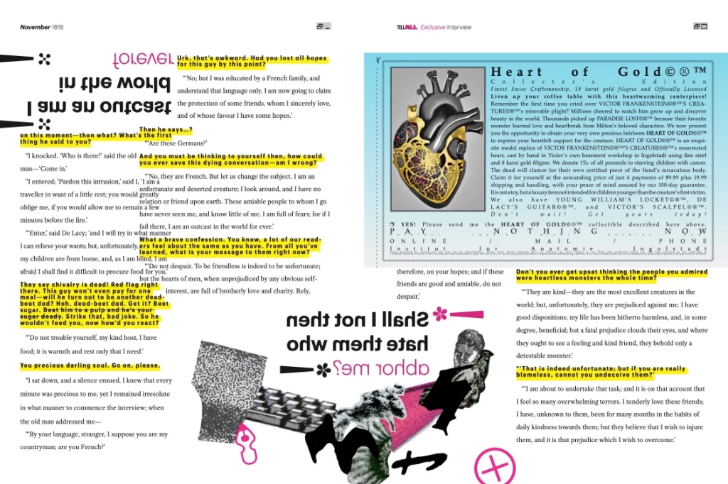 Second spread of interior article, with collage illustration of a foot and inset advertisement for "Heart of Gold©®™."