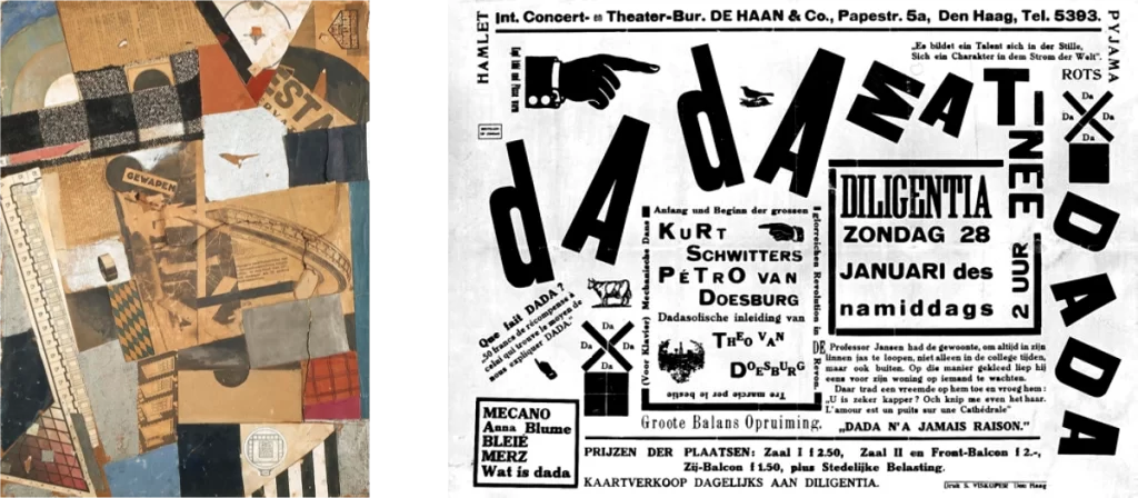 A collage of technical drawings and assorted text, as well as the famous Dada Matinée advertisement with its playful letterforms, both by dadaist Theo van Doesburg.